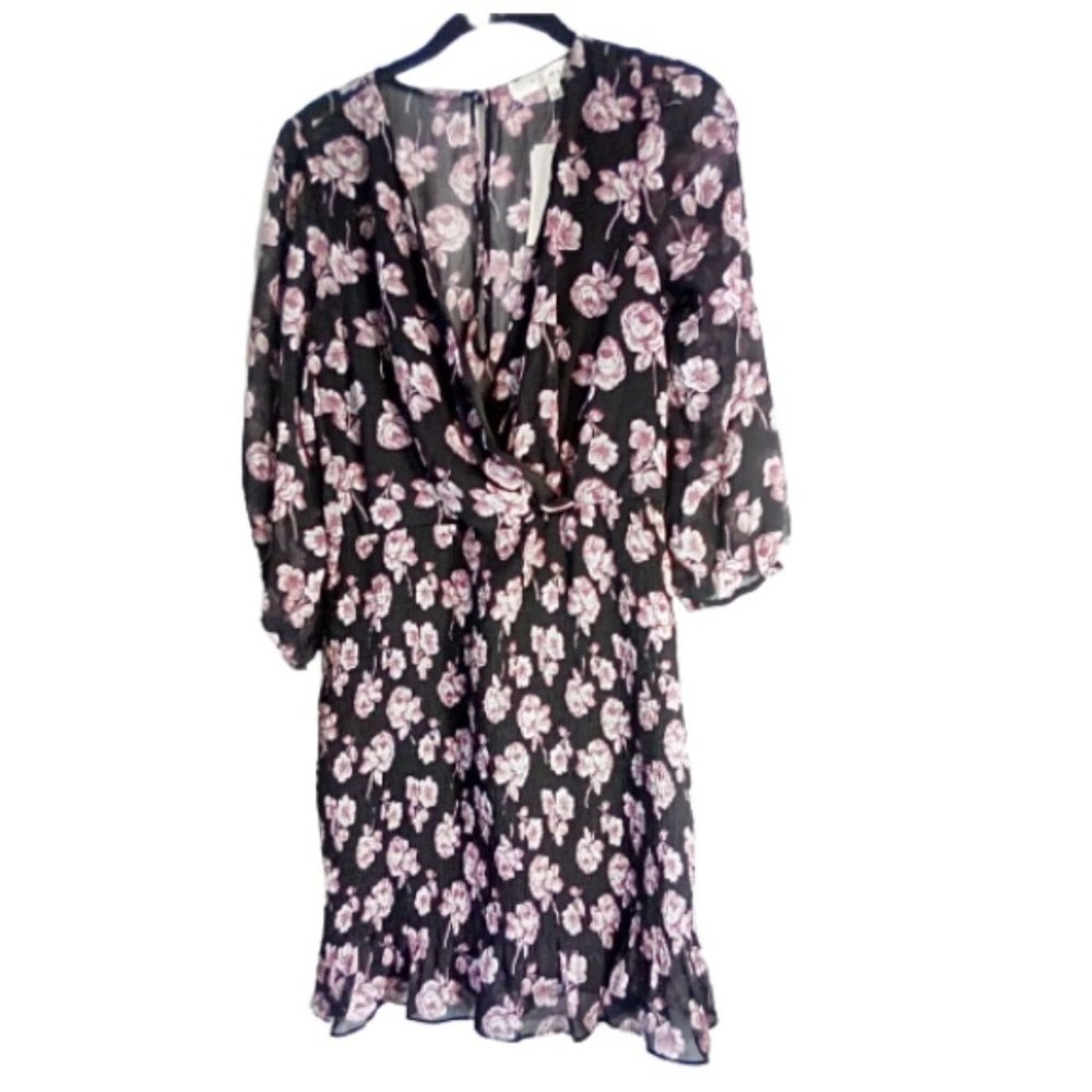 Row A Nordstrom Dress Sz L Black Pink Floral Plunge V Neckline Keyhole Back
